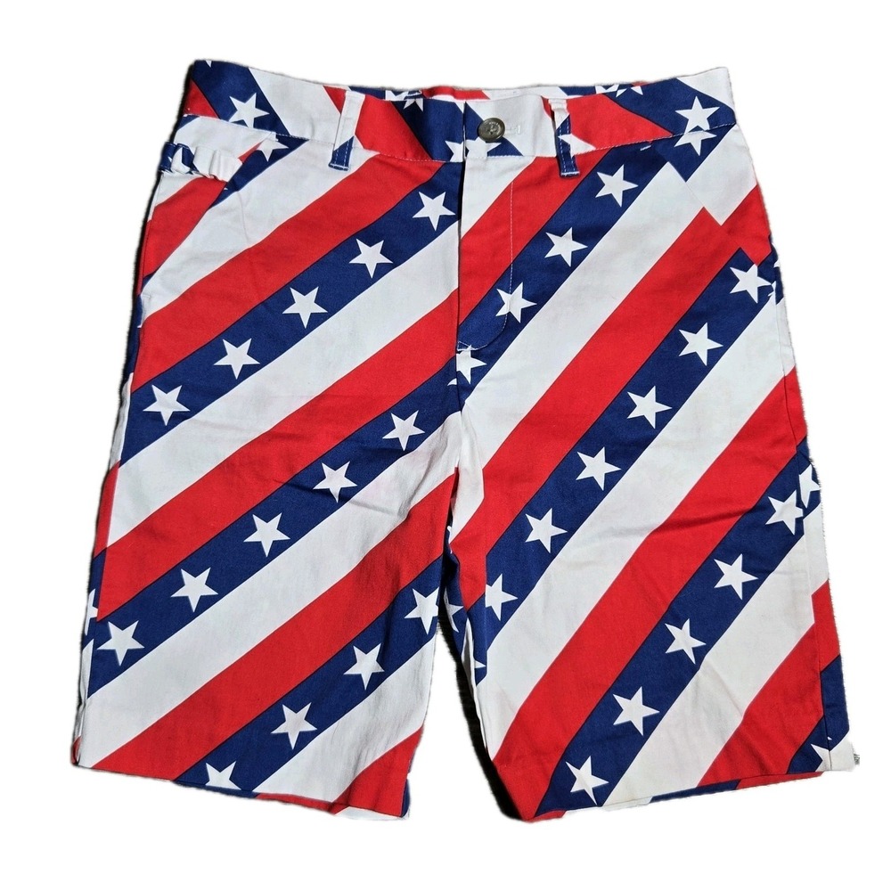 USA‎ Golf Shorts Mens M Sz 28 Royal & Awesome Red White Blue Stripes Stars